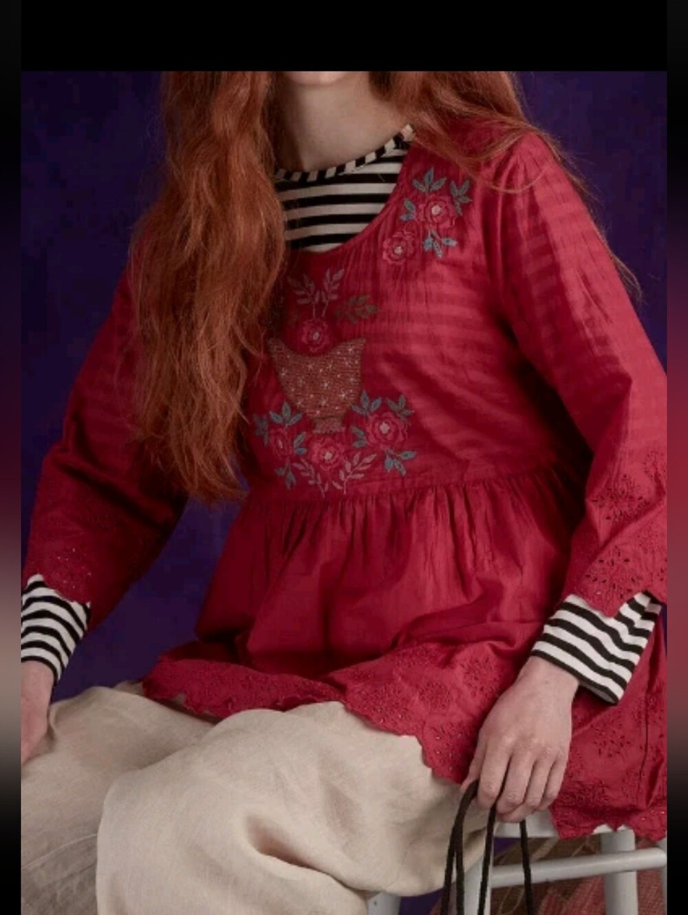 Gudrun Sjoden OKARINA Crimson Red Embroidered Peasant Tunic Pockets XXL